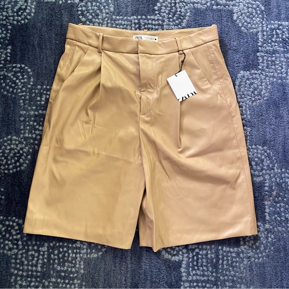 🍂 ZARA TAN FAUX LEATHER HIGH WAIST BERMUDA SHORTS! - Picture 9 of 16